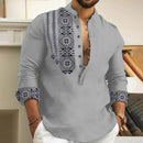 Camisa Masculina de Linho Manga Longa 2025 – Estampa Artística, Botões, Moda Primavera/Verão